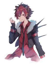 Rule 34 | 1boy, ahoge, animal ears, black jacket, black neckwear, brown hair, collarbone, collared shirt, crow (show by rock!!), dyed bangs, hair between eyes, hand up, jacket, long sleeves, looking at viewer, makiaato, male focus, multicolored hair, open clothes, open jacket, parted lips, red eyes, red hair, red shirt, shirt, show by rock!!, simple background, solo, spikes, two-tone hair, v-shaped eyebrows, white background