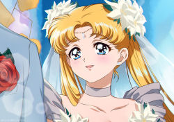 Rule 34 | 1boy, 1girl, artist name, bishoujo senshi sailor moon, blonde hair, blue eyes, blush, bridal veil, choker, circlet, collarbone, commentary, derivative work, earrings, flower, hair flower, hair ornament, jewelry, kaze-hime, lens flare, lips, long hair, open mouth, out of frame, parted bangs, portrait, red flower, red rose, rose, screenshot redraw, smile, solo focus, stud earrings, tsukino usagi, twintails, veil, white choker, white flower