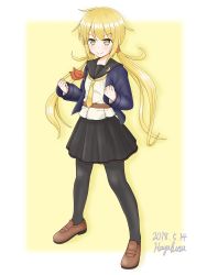 Rule 34 | 1girl, absurdres, armband, artist name, bad id, bad pixiv id, belt, black pantyhose, black sailor collar, black skirt, blonde hair, blue jacket, blush, brown belt, brown footwear, clenched hands, commentary request, crescent, crescent pin, dated, full body, hair tie, hayabusa (o ephemerality), highres, jacket, kantai collection, legs apart, loafers, long hair, long sleeves, looking at viewer, low twintails, neckerchief, pantyhose, pleated skirt, sailor collar, satsuki (kancolle), satsuki kai ni (kancolle), school uniform, serafuku, shoes, skirt, smile, solo, standing, twintails, very long hair, yellow eyes, yellow neckerchief