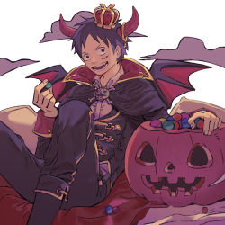Rule 34 | 1boy, :d, bad id, bad pixiv id, bat wings, black eyes, black hair, candy, cape, crown, fang, food, halloween bucket, halloween costume, highres, horns, jack-o&#039;-lantern, monkey d. luffy, one piece, open mouth, quana, scar, scar on face, short hair, sitting, smile, solo, wings