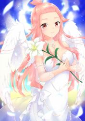 Rule 34 | 1girl, absurdres, angel, angel wings, bare shoulders, blush, breasts, cleavage, closed mouth, cowboy shot, dress, etra-chan wa mita!, feathered wings, flower, forehead, hair flaps, highres, holding, holding flower, jewelry, long hair, looking at viewer, medium breasts, necklace, pearl necklace, pink hair, rei (ls91407662), smile, solo, standing, topknot, white dress, white wings, wings, yuri (etra-chan wa mita!)