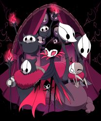 Rule 34 | 1girl, 2boys, 6+others, animal print, bad id, bad pixiv id, bat print, black background, brumm (hollow knight), cloak, closed eyes, commentary request, curtains, dated, divine (hollow knight), fire, flying, full body, fur collar, grimm (hollow knight), grimmchild, grimmkin master (hollow knight), grimmkin nightmare (hollow knight), grimmkin novice (hollow knight), grimmsteed (hollow knight), half mask, highres, holding, holding torch, hollow knight, horns, looking at viewer, mask, multiple boys, multiple others, no humans, peeking out, pink fire, red eyes, sango (y1994318), smile, standing, torch