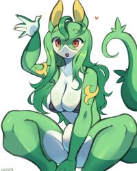 Rule 34 | 1girl, absurdres, blush, breasts, claws, cleavage, creatures (company), furry, furry female, game freak, gen 5 pokemon, green hair, highres, large breasts, long hair, nintendo, open mouth, pokemon, pokemon (creature), red eyes, serperior, sitting, snake tail, tail, white background, yarney