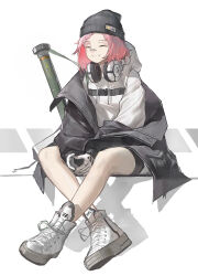 Rule 34 | 1girl, absurdres, bandaid, bandaid on face, bandaid on nose, beanie, bike shorts, black jacket, closed eyes, commentary, countryman (artist), crossed ankles, full body, girls&#039; frontline, gloves, grin, hat, headphones, headphones around neck, highres, hood, hood down, jacket, man-portable anti-tank systems, mk 153 (girls&#039; frontline), mk 153 shoulder-launched multipurpose assault weapon, mk 153 smaw, off shoulder, pink hair, rocket launcher, shoes, simple background, sitting, smile, sneakers, solo, weapon, white gloves, white hood