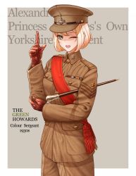 Rule 34 | 1girl, baton, blonde hair, united kingdom, british army, buttons, carrying, carrying under arm, cowboy shot, dorotabou (dieter), english text, epaulettes, gloves, green eyes, grin, hand on own elbow, hat, highres, historical, leather, leather gloves, looking at viewer, military, military hat, military uniform, one eye closed, open mouth, peaked cap, pointing, pointing up, red sash, sash, short hair, simple background, smile, solo, standing, tunic, uniform, wink