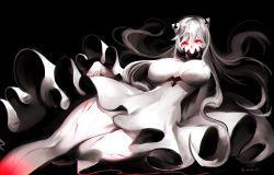 Rule 34 | 10s, 1girl, 4th, abyssal ship, bad id, bad pixiv id, black background, breasts, cleavage, colored skin, dress, glowing, glowing eyes, horns, kantai collection, large breasts, long hair, lying, midway princess, red eyes, twitter username, veins, white dress, white hair, white skin