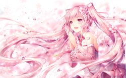Rule 34 | 1girl, bare shoulders, blush, cherry blossoms, detached sleeves, happy tears, hatsune miku, long hair, long sleeves, necktie, open mouth, own hands clasped, own hands together, petals, pink eyes, pink hair, sakura miku, shirt, skirt, smile, solo, tattoo, tears, tidsean, twintails, very long hair, vocaloid, wide sleeves