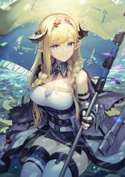 Rule 34 | 1girl, absurdres, arknights, arm strap, bare shoulders, blonde hair, blue eyes, blue necktie, breasts, commentary, flag, hairband, has bad revision, has downscaled revision, highres, holding, holding flag, horns, large breasts, long hair, looking at viewer, md5 mismatch, nakamura eight, necktie, pointy ears, resolution mismatch, saileach (arknights), shirt, smile, solo, source smaller, thighhighs, thighs, very long hair, white shirt, white thighhighs