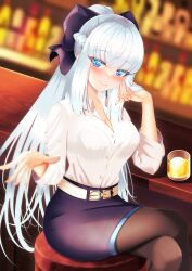 Rule 34 | 1girl, absurdres, alcohol, bar (place), bar stool, belt, black bow, black dress, black skirt, blue eyes, blush, bow, bra, braid, breasts, cleavage, collared shirt, counter, dress, dress shirt, fate/grand order, fate (series), french braid, grey hair, hair bow, highres, large breasts, liquor, long hair, looking at viewer, morgan le fay (chaldea satellite station) (fate), morgan le fay (fate), office lady, open bra, pantyhose, pencil skirt, ponytail, shirt, sidelocks, skirt, smile, solo, stool, thighs, underwear, very long hair, white belt, white shirt, wine