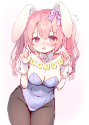 Rule 34 | 1girl, :d, animal ears, bare shoulders, blush, bow, breasts, cleavage, collar, collarbone, commentary request, detached collar, flying sweatdrops, groin, hair between eyes, hair bow, hands up, highres, holding, leotard, looking at viewer, medium breasts, nose blush, open mouth, original, pantyhose, pink hair, playboy bunny, purple bow, purple leotard, rabbit ears, red eyes, sakura (usashiro mani), simple background, smile, solo, strapless, strapless leotard, string of flags, sweat, twintails, usashiro mani, white background, white collar, wing collar, wrist cuffs