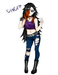 Rule 34 | absurdres, belt, black hair, blue eyes, boots, bracelet, chibi, choker, cpt.tester works, denim, forehead, full body, ginger (cpt.tester), highres, jeans, jewelry, long bangs, long hair, looking at viewer, midriff, multicolored hair, necklace, orange hair, pale skin, pants, peace symbol, petite, spiked bracelet, spikes, torn clothes, torn pants