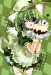 Rule 34 | 1girl, animal ears, apron, blue eyes, cake, cat, cat ears, cat tail, female focus, food, frills, gathers, green background, green hair, green skirt, green theme, green thighhighs, greenwood, hareko (greenwood), hat, highres, lace, midori (greenwood), one eye closed, original, pastry, skirt, smile, solo, tail, thighhighs, wings, wrist cuffs, zettai ryouiki