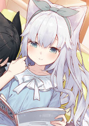 Rule 34 | 2girls, animal ears, black hair, blue dress, blue eyes, cat ears, closed mouth, commentary request, dress, grey hairband, grey ribbon, hair between eyes, hair ribbon, hairband, holding, indoors, multiple girls, open magazine, original, pillow, ribbon, silver hair, smile, tokuno yuika