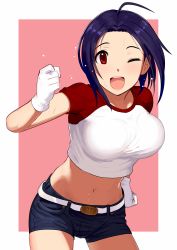 Rule 34 | 1girl, ;d, ahoge, belt, blue hair, blue shorts, blush, border, bouncing breasts, breasts, clenched hand, contrapposto, cowboy shot, crop top, denim, denim shorts, gloves, hand on own hip, idolmaster, idolmaster (classic), large breasts, leaning forward, looking at viewer, midriff, miura azusa, navel, one eye closed, open mouth, outside border, pettan p, pink background, raglan sleeves, red eyes, round teeth, shirt, short hair, short shorts, short sleeves, shorts, simple background, smile, solo, standing, stomach, sweat, sweatdrop, t-shirt, tareme, teeth, white border, white gloves, white shirt