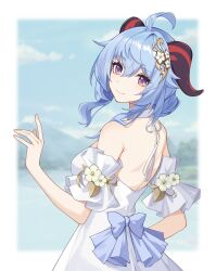 Rule 34 | 1girl, ahoge, alternate costume, bare back, bare shoulders, blue bow, blue hair, blue sky, bow, breasts, chinese commentary, cloud, commentary request, day, dress, flower, ganyu (genshin impact), genshin impact, highres, horns, ironmarch, looking at viewer, medium breasts, medium hair, off-shoulder dress, off shoulder, outdoors, partial commentary, purple eyes, short sleeves, sky, smile, solo, upper body, white dress, white flower