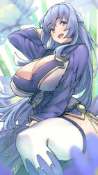 Rule 34 | 1girl, arm up, blue eyes, blue flower, blue hair, blue lotus (flower knight girl), breasts, cleavage, cleavage cutout, clothing cutout, commission, flower, flower knight girl, hair between eyes, huge breasts, long hair, long sleeves, looking at viewer, mi2mi2 minmi, mole, mole under eye, open mouth, sitting, skeb commission, solo, thighhighs, very long hair, white thighhighs