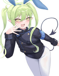 Rule 34 | 1girl, absurdres, animal ears, armband, black jacket, black leotard, blue archive, blue armband, blush, commentary request, crop top, cropped jacket, demon tail, fake animal ears, fang, green hair, green halo, halo, hand to own mouth, highres, jacket, leaning forward, leotard, leotard under clothes, long hair, long sleeves, looking at viewer, no gloves, nozomi (blue archive), open mouth, pantyhose, playboy bunny, pointy ears, rabbit ears, shawn358, simple background, skin fang, solo, sweatdrop, tail, twintails, white background, white pantyhose, yellow eyes
