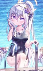Rule 34 | 1girl, absurdres, azusa (blue archive), blue archive, colored eyelashes, flower, hair flower, hair ornament, halo, highres, lanubis, one-piece swimsuit, ponytail, purple eyes, school swimsuit, swimsuit, towel, white hair, yellow halo
