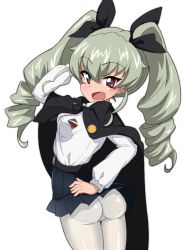 Rule 34 | 1girl, anchovy (girls und panzer), anzio school uniform, ass, cape, cro, drill hair, fang, from behind, girls und panzer, green hair, hair ribbon, looking at viewer, looking back, open mouth, pantyhose, red eyes, ribbon, school uniform, solo, twintails, white background