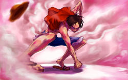 Rule 34 | 1boy, angry, black hair, blood, clenched hand, clenched hands, fighting stance, hat, male focus, monkey d. luffy, muscular, one piece, open clothes, open shirt, ozawa tomohiro, sandals, scar, shirt, shorts, solo, steam, straw hat, sweat, vest