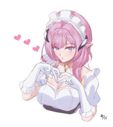 Rule 34 | 1girl, blue eyes, breasts, cleavage, commentary request, cropped torso, dated, elysia (honkai impact), frilled gloves, frills, gloves, gude (gudechang), hands up, heart, highres, honkai (series), honkai impact 3rd, horns, looking at viewer, maid headdress, medium breasts, parted lips, pink hair, pointy ears, puffy short sleeves, puffy sleeves, short sleeves, simple background, solo, upper body, white background, white gloves