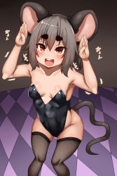 Rule 34 | 1girl, absurdres, alternate costume, animal ears, armpit peek, black leotard, blush, body blush, breasts, checkered floor, commentary request, feet out of frame, fishnet thighhighs, fishnets, grey hair, highres, leotard, looking at viewer, mouse ears, mouse girl, mouse tail, nasunasuurin, nazrin, open mouth, playboy bunny, rabbit pose, red eyes, short hair, small breasts, smile, solo, strapless, strapless leotard, tail, thick eyebrows, thighhighs, touhou