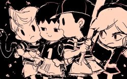 Rule 34 | 4boys, black hair, crossover, animal crossing, link, lucas (mother 3), male focus, monochrome, mother (game), multiple boys, ness (mother 2), nintendo, short hair, simple background, super smash bros., the legend of zelda, the legend of zelda: the wind waker, toon link, villager (animal crossing)