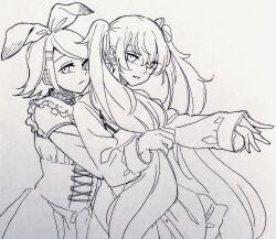 Rule 34 | 2girls, bow, closed mouth, commentary, corset, detached sleeves, greyscale, hair bow, hair ornament, hairclip, hatsune miku, highres, hug, hug from behind, kagamine rin, long sleeves, looking at viewer, monochrome, multiple girls, mygod55555, parted lips, short hair, twintails, upper body, vocaloid