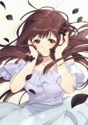 Rule 34 | 1girl, black flower, blouse, breasts, brown eyes, brown hair, closed mouth, commentary request, copyright request, covering own ears, floating hair, flower, grey skirt, hair flower, hair ornament, highres, kawai makoto, large breasts, long hair, looking at viewer, mole, mole under eye, petals, shirt, signature, skirt, smile, solo, yellow background