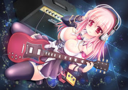 Rule 34 | 1girl, blush, breasts, cleavage, electric guitar, guitar, headphones, instrument, large breasts, long hair, looking at viewer, nitroplus, pink hair, red eyes, skf, skindentation, smile, solo, subwoofer, super sonico, thighhighs