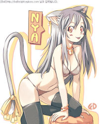Rule 34 | 1girl, animal ears, bail, bell, bikini, black thighhighs, cat ears, cat tail, earrings, grey hair, jewelry, jingle bell, korean text, long hair, red eyes, ribbon, solo, swimsuit, tail, tail ornament, tail ribbon, thighhighs