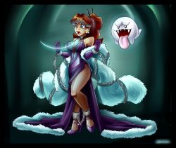 Rule 34 | 1girl, bdsm, bondage, boo (mario), bound, breasts, brown hair, chain, cleavage, dress, earrings, flower earrings, full body, ghost, gloves, grin, high heels, jewelry, legs, mario (series), nervous, nintendo, open mouth, ponytail, princess daisy, purple dress, restrained, smile, super mario bros. 1, super mario bros. 3, super mario land, thighs, tomboy