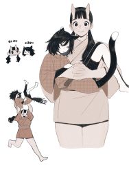 Rule 34 | 2girls, animal ears, black fur, black hair, carrying, cat ears, cat girl, cat tail, dungeon meshi, frs2, highres, horns, inutade, izutsumi, low twintails, mole, mole under eye, multiple girls, multiple views, oni, oni horns, princess carry, tail, twintails