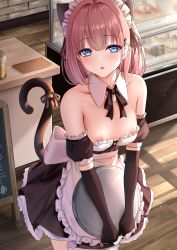 Rule 34 | 1girl, :o, absurdres, animal ears, blue eyes, blush, breasts, brown hair, cat ears, cat girl, cat tail, clothes pull, dress pull, highres, holding, long image, looking at viewer, maid, maid headdress, monaka curl, nipples, no bra, original, short hair, small breasts, solo, standing, tail, tall image, tray