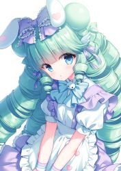 Rule 34 | 1girl, animal ears, apron, blue bow, blue eyes, blush, bow, commentary, commission, drill hair, frilled apron, frilled bow, frills, green bow, green hair, hair bow, heart, highres, long hair, looking at viewer, miruku (cutesuu), original, parted lips, pixiv commission, puffy short sleeves, puffy sleeves, purple bow, purple skirt, rabbit ears, sacraneco, shirt, short sleeves, sidelocks, simple background, skirt, solo, suspender skirt, suspenders, symbol-only commentary, very long hair, waist apron, white apron, white background, white shirt, wing hair ornament