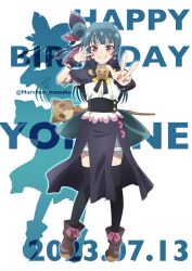 Rule 34 | 1girl, birthday, blue hair, blush, character name, commentary, dated, double v, earrings, english text, feather hair ornament, feathers, full body, genjitsu no yohane, grin, hair bun, hair ornament, happy birthday, heart, heart earrings, highres, jewelry, long hair, looking at viewer, love live!, love live! sunshine!!, pink eyes, ric. (marchen mozuku), signature, single side bun, smile, solo, standing, tsushima yoshiko, twitter username, v, wand, white background, yohane (genjitsu no yohane)