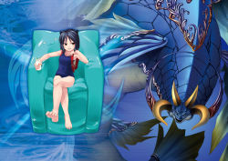 Rule 34 | aq interactive, arcana heart, armchair, atlus, backpack, bag, barefoot, blue one-piece swimsuit, bottle, chair, daidouji kira, examu, holding, holding bottle, milk bottle, niptra, one-piece swimsuit, randoseru, school swimsuit, sitting, swimsuit, tagme