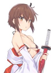 Rule 34 | 1girl, bikini, black bikini, breasts, brown eyes, brown hair, collarbone, commentary request, detached sleeves, etou kanami, hitoiki, holding, holding sword, holding weapon, japanese clothes, katana, kimono, looking at viewer, micro bikini, off shoulder, one side up, open mouth, ribbon-trimmed sleeves, ribbon trim, sheath, sheathed, short hair, simple background, small breasts, solo, swimsuit, sword, toji no miko, upper body, weapon, white background, white kimono