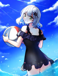 Rule 34 | 1girl, bad id, bad pixiv id, ball, bare shoulders, beachball, black one-piece swimsuit, blue sky, blush, casual one-piece swimsuit, closed mouth, cloud, day, from behind, green eyes, hair ornament, holding, holding ball, looking at viewer, looking back, mamel 27, one-piece swimsuit, original, outdoors, silver hair, sky, smile, solo, sunlight, swimsuit, unmoving pattern, wading, water