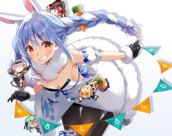 Rule 34 | 5girls, animal ear fluff, animal ears, arm cuffs, black gloves, black leotard, black pantyhose, blue hair, blush, braid, breasts, carrot hair ornament, chibi, cleavage, coat, commentary, don-chan (usada pekora), eretto, flag, food-themed hair ornament, fur-trimmed coat, fur-trimmed gloves, fur scarf, fur trim, gloves, grin, hair between eyes, hair ornament, hair ribbon, hololive, houshou marine, leotard, light blue hair, long hair, looking at viewer, medium breasts, multiple girls, off-shoulder coat, off shoulder, pantyhose, playboy bunny, pom pom (clothes), rabbit ears, rabbit girl, red eyes, ribbon, shiranui flare, shirogane noel, shoes, simple background, smile, solo focus, symbol-only commentary, symbol-shaped pupils, thick eyebrows, tress ribbon, twin braids, twintails, uruha rushia, usada pekora, usada pekora (1st costume), virtual youtuber, white background, white coat, white hair