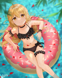 1girl artist_name bad_id bad_pixiv_id bikini black_choker blonde_hair breasts choker closers frilled_bikini frills from_above hair_between_eyes innertube long_hair looking_at_viewer lucy_(closers) navel ocean petals shan_(ti0n) small_breasts solo swim_ring swimsuit thighs water wet