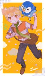 Rule 34 | 1boy, bag, barry (pokemon), blonde hair, blush, border, brown bag, brown footwear, chome (meme chon), commentary request, creatures (company), game freak, gen 4 pokemon, green scarf, grey pants, grin, highres, jacket, looking at viewer, male focus, nintendo, orange eyes, pants, piplup, pokemon, pokemon (creature), pokemon dppt, scarf, shoes, short hair, short sleeves, shoulder bag, smile, striped clothes, striped jacket, teeth, white border
