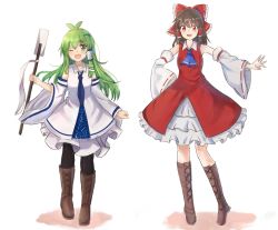 Rule 34 | 2girls, bare legs, black legwear, boots, bow, brown footwear, brown hair, cross-laced footwear, detached sleeves, econometrics, gohei, green eyes, green hair, hair bow, hakurei reimu, height difference, highres, japanese clothes, knee boots, kochiya sanae, lace-up boots, miko, multiple girls, pantyhose, red eyes, touhou