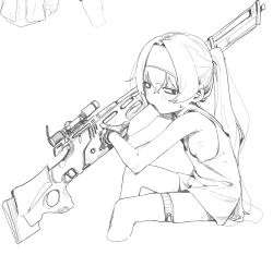 Rule 34 | 1girl, alternate costume, alternate hairstyle, bags under eyes, blue archive, blush, cropped legs, crossed bangs, flat chest, from side, furrowed brow, gloves, greyscale, gun, half-closed eyes, holding, holding gun, holding weapon, invisible chair, lineart, long hair, looking at viewer, looking to the side, monochrome, no pants, open mouth, over shoulder, ponytail, ribs, rifle, rkgk ojisan, sitting, sniper rifle, solo, sweat, tank top, thigh strap, ui (blue archive), weapon, weapon over shoulder