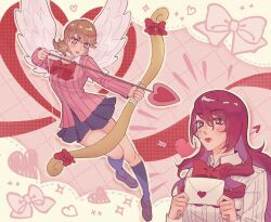 Rule 34 | 2girls, angel wings, arrow (projectile), black skirt, black socks, blush, bow, bow (weapon), bowtie, brown eyes, brown footwear, brown hair, cardigan, choker, closed mouth, collared shirt, commentary, earrings, english commentary, fighting stance, full body, hair between eyes, heart, heart-shaped pupils, heart arrow, highres, holding, holding arrow, holding bow (weapon), holding letter, holding weapon, jellyponzu, jewelry, kirijou mitsuru, kneehighs, letter, long hair, long sleeves, love letter, multiple girls, open mouth, pearl earrings, persona, persona 3, persona 3 reload, pink cardigan, pleated skirt, red bow, red bowtie, red eyes, red hair, red lips, red ribbon, ribbed shirt, ribbon, shirt, short hair, skirt, socks, sparkle, stud earrings, swept bangs, symbol-shaped pupils, takeba yukari, upper body, weapon, white choker, white shirt, wings, yuri