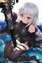 Rule 34 | 1girl, arknights, arm support, arm up, bare shoulders, black gloves, boots, breasts, clothing cutout, detached sleeves, from above, gloves, grey hair, hair between eyes, highres, holding, holding sword, holding weapon, large breasts, long hair, looking at viewer, red eyes, seon (seonon ), sidelocks, sitting, skadi (arknights), solo, sword, thigh cutout, very long hair, wariza, water, weapon