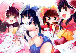 Rule 34 | 4girls, :d, alternate color, alternate costume, blush, bow, breasts, detached sleeves, eating, food, hair bow, hair tubes, hakurei reimu, hug, long sleeves, looking at viewer, multiple girls, multiple persona, oimoto jirou, open mouth, profile, red bow, ribbon-trimmed sleeves, ribbon trim, smile, tareme, touhou, upper body, yuri