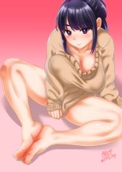 Rule 34 | 1girl, bad id, bad pixiv id, barefoot, black hair, blush, breasts, cleavage, clothes tug, feet, feet together, huge breasts, k.ty (amejin), long hair, looking at viewer, naked sweater, original, purple eyes, sitting, sleeves past wrists, smile, solo, spread legs, sweater, sweater tug