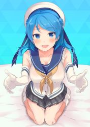 Rule 34 | 10s, 1girl, bare shoulders, bed sheet, blue background, blue eyes, blue hair, blush, breasts, cleavage, collarbone, double bun, gloves, grey skirt, hair bun, hair ribbon, hat, kantai collection, kneeling, long hair, looking at viewer, medium breasts, on bed, open mouth, pleated skirt, ribbon, sailor collar, sailor hat, senbei (senbe i), skirt, solo, urakaze (kancolle), white gloves, white hat, white legwear