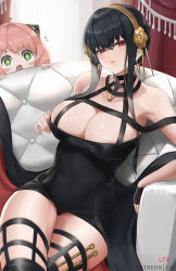Rule 34 | anya (spy x family), bare shoulders, black dress, black gloves, black hair, black thighhighs, breasts, cleavage, cone hair bun, couch, covered navel, crossed legs, cyicheng, dress, earrings, fingerless gloves, flower, gloves, gold hairband, green eyes, hair bun, hair flower, hair ornament, hairband, jewelry, large breasts, long hair, looking at viewer, pink hair, red eyes, rose, short hair, sidelocks, sitting, spy x family, thighhighs, thighs, two-sided dress, two-sided fabric, yor briar